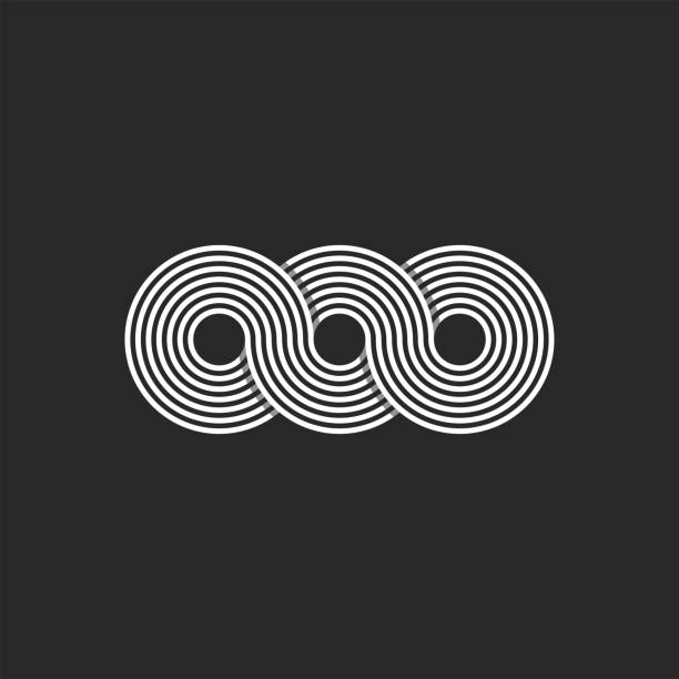 Infinity logo minimalist style infinite circles geometric shape from chain loops, monogram OOO three letters O endless symbol black and white thin lines Infinity logo minimalist style infinite circles geometric shape from chain loops, monogram OOO three letters O endless symbol black and white thin lines balance patterns stock illustrations