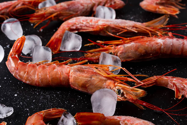 Frozen large raw shrimps on black background.