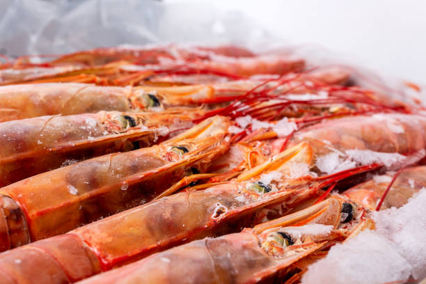 istock Frozen large raw uncooked shrimps on counter. 1214623962