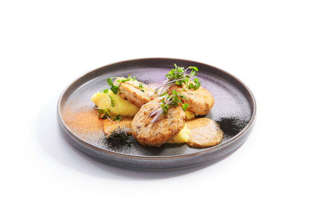 fishcakes with garden cress side view - food elegance cutlet restaurant imagens e fotografias de stock