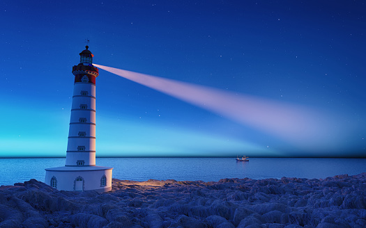 Lighthouse at night with spotlight beam . This is a 3d render illustration.