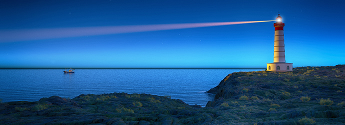 Lighthouse at night with spotlight beam . This is a 3d render illustration.