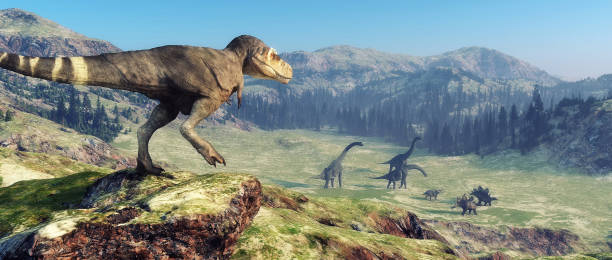 istock T rex on jurassic  valley . This is a 3d render illustration . 1214625253