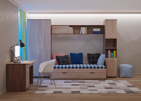 Cozy stylish room designed for a teenager. Night. Evening lighting. 3D rendering.