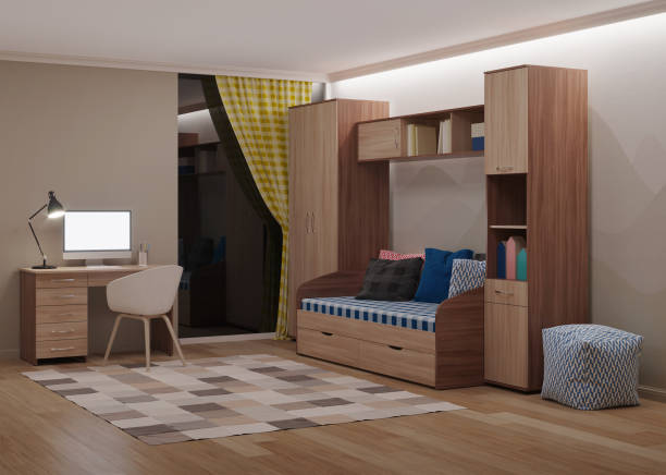 istock Cozy stylish room designed for a teenager. Night. Evening lighting. 3D rendering. 1214625399