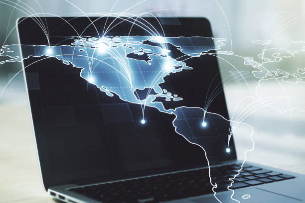 istock Double exposure of abstract digital world map with connections on computer background, big data and blockchain concept 1214626285