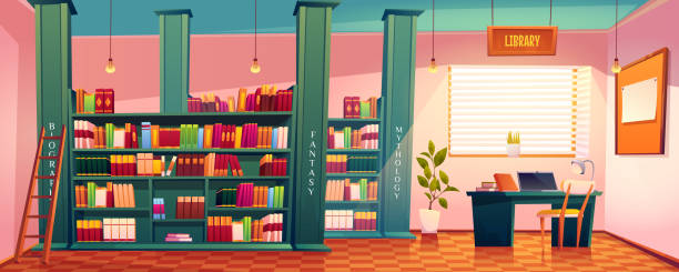 ilustrações de stock, clip art, desenhos animados e ícones de library with books on shelves and desk for study - notebook dictionary book contemporary