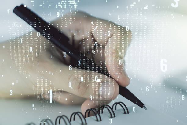 istock Multi exposure of abstract creative coding sketch with world map and man hand writing in notebook on background, artificial intelligence and neural networks concept 1214627123