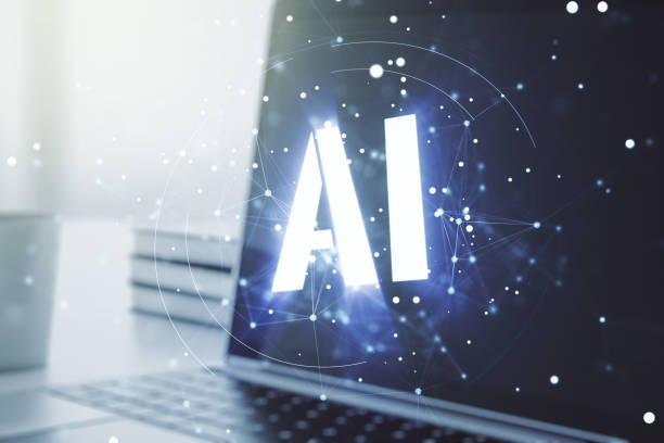 istock Creative artificial Intelligence symbol concept with modern laptop on background. Multiexposure 1214628129