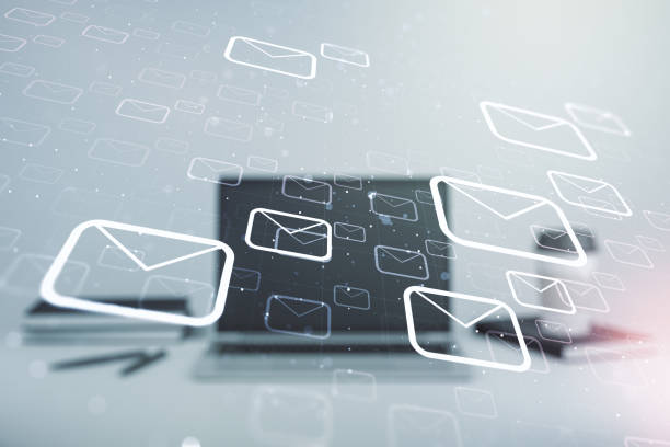 istock Creative concept of postal envelopes illustration on modern laptop background. Email and communications concept. Multiexposure 1214628181
