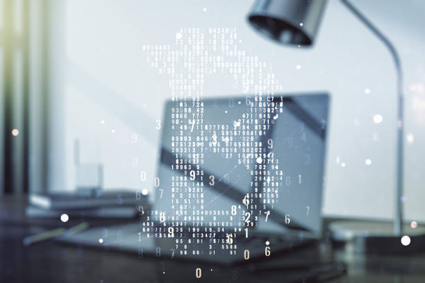 istock Creative Bitcoin concept with modern laptop background. Multiexposure 1214628390
