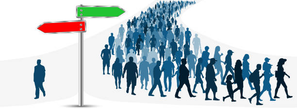 Crossroads of a crowd of people. Choice of the way of people. Direction road sign. Vector illustration Crossroads of a crowd of people. Choice of the way of people. Direction road sign. Vector illustration change silhouettes stock illustrations