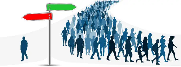 Vector illustration of Crossroads of a crowd of people. Choice of the way of people. Direction road sign. Vector illustration