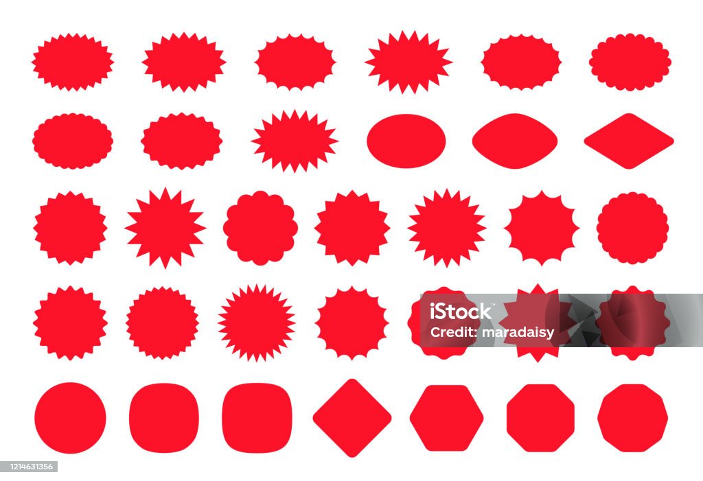 Starburst price tag product badges and stickers. Vector illustration. Callout star sticker. Starburst price badge. Vector. Burst promo shapes. Set red splash sunburst stamps isolated on white background. Round, cloud retail tag. Color illustration. Simple empty pricetag Shape stock vector