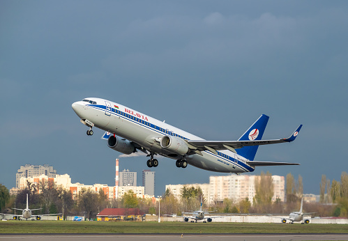 Kyiv Region, Ukraine - October 31, 2019: Belavia Boeing 737-800 takeoff takeoff is taking off into flight