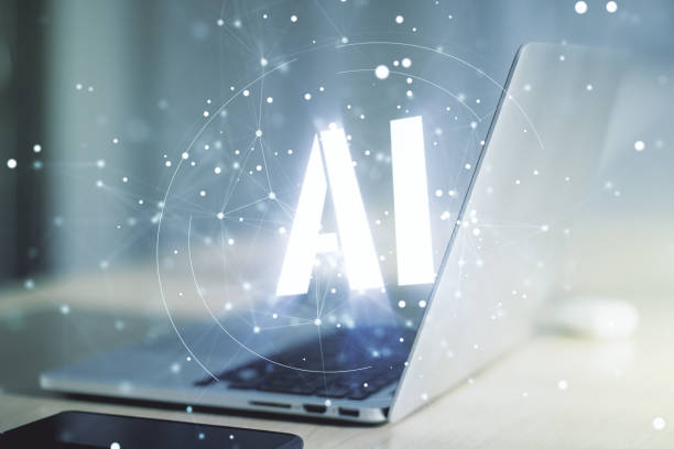 istock Creative artificial Intelligence symbol concept with modern laptop on background. Multiexposure 1214633563