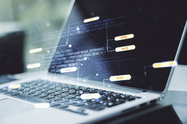 Multi exposure of abstract software development hologram on laptop background, research and analytics concept