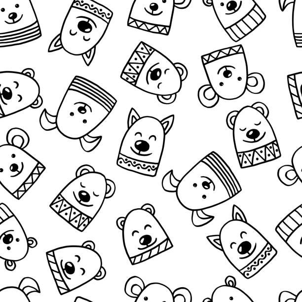 Vector seamless pattern with set of hand-drawn funny cute animals, coloring page for children and adults Vector seamless pattern with set of hand-drawn funny cute animals, coloring page for children and adults, scandinavian style coloring book cover stock illustrations