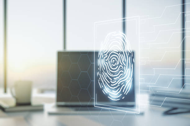istock Multi exposure of creative fingerprint hologram on laptop background, personal biometric data concept 1214633694