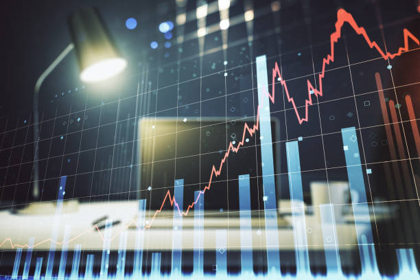 istock Double exposure of abstract creative financial chart on modern laptop background, research and strategy concept 1214633729