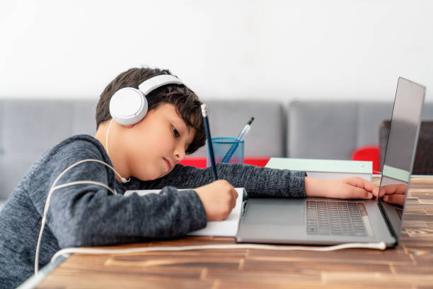 istock Little boy is studying in front of the laptop. E learning, study at home online. 1214633743