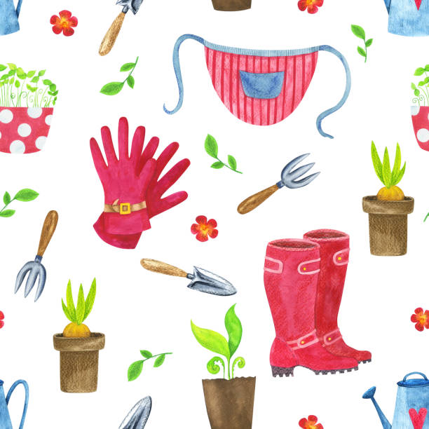 istock Seamless pattern of gardening tools on a white background. Watercolor drawing of plants, flowers and tools. For printing cards, paper, prints, decor. 1214633876