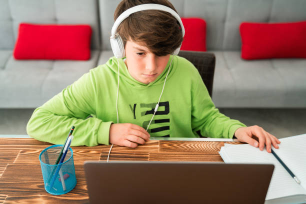 istock Young boy is studying in front of the laptop. E learning, study at home online. 1214634681