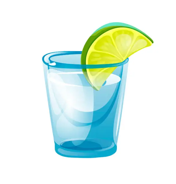 Vector illustration of Tequila shot in glass stack with a slice of lime. Vector illustration isolated on white background