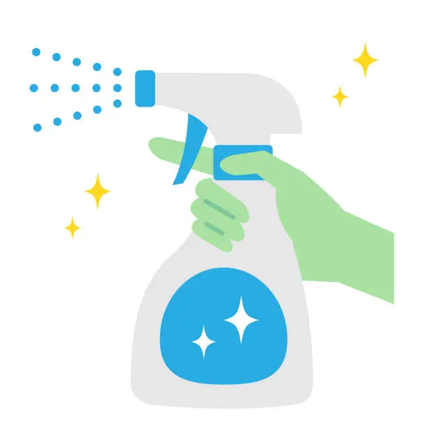 Vector illustration of disinfectant spray bottle and hand illustration. Health care and hygiene concept