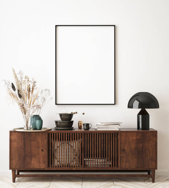 istock mock up poster frame in modern interior background, scandinavian style, 3D render 1214637060