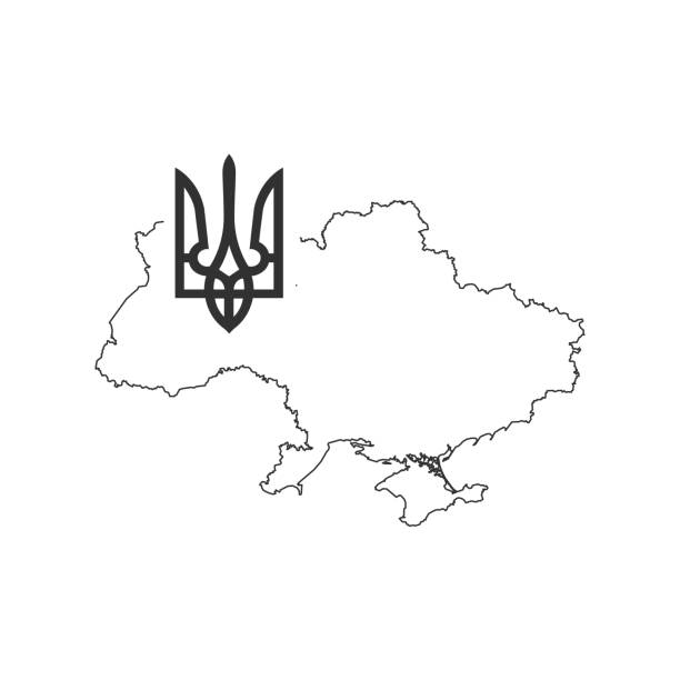 ilustraciones, imágenes clip art, dibujos animados e iconos de stock de mapa lineal de ucrania con tryzub. escudo de armas ucraniano, símbolo nacional tridente. ilustración vectorial de stock aislada sobre fondo blanco - ukraine trident ukrainian culture coat of arms