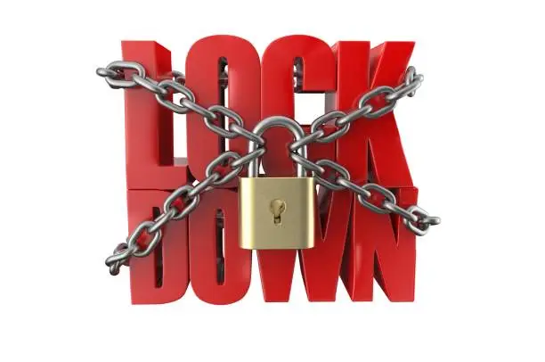 Photo of Lock down text with metal chain and lock, 3d render illustration.