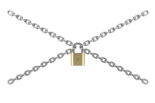 istock Lock down text with metal chain and lock, 3d render illustration. 1214637506