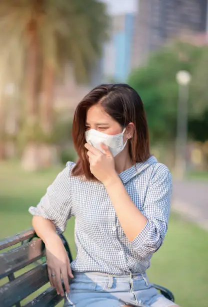 Adult Asian WomanSitting in Public Park. She Wearing Virus Protective Mask in Prevention for Coronavirus or Covid-19 Outbreak Situation - Healthcare and Lifestyle Concept