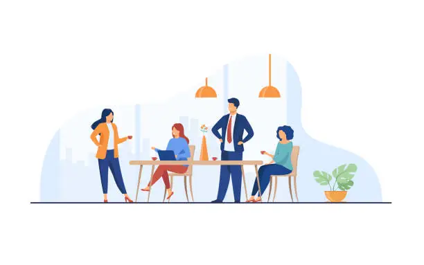 Vector illustration of Employees meeting in office kitchen and drinking coffee