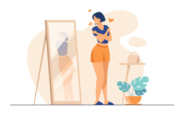 Narcissist lady standing at mirror Narcissist lady standing at mirror and looking at reflection of her back. Young woman trying shirt on, hugging herself. Vector illustration for self love, self-esteem, female behavior concept woman mirror stock illustrations