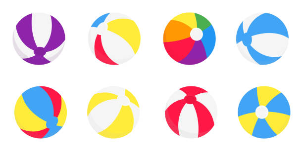 Beach balls flat style design vector illustration icon signs isolated on white background. Retro styled toy for summer games or holidays balls in various colors and positions. Beach balls flat style design vector illustration icon signs isolated on white background. Retro styled toy for summer games or holidays balls in various colors and positions. beach ball stock illustrations