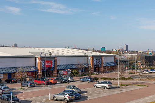 Sheffield, England - March 22, 2020: Quiet car park at Heeley Retail Park in Sheffiels.