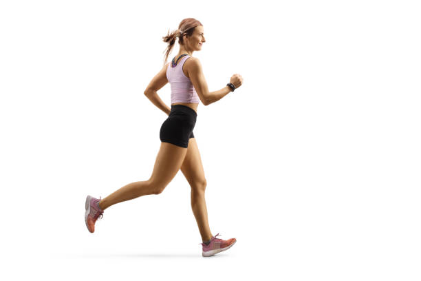 strong fit muscular woman jogging - running women jogging profile imagens e fotografias de stock