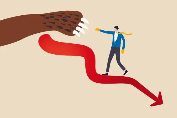Vector illustration of Fight bear market to survive and win in financial crisis concept, investor businessman in suit and tie wearing boxing gloves standing on red plunging stock market to bravely fight with bear claws.