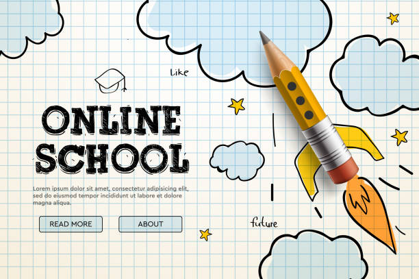 illustrazioni stock, clip art, cartoni animati e icone di tendenza di scuola online. tutorial e corsi digitali su internet, formazione online, e-learning. modello di banner web per lo sviluppo di siti web, landing page e app mobili. illustrazione vettoriale in stile doodle - materiale