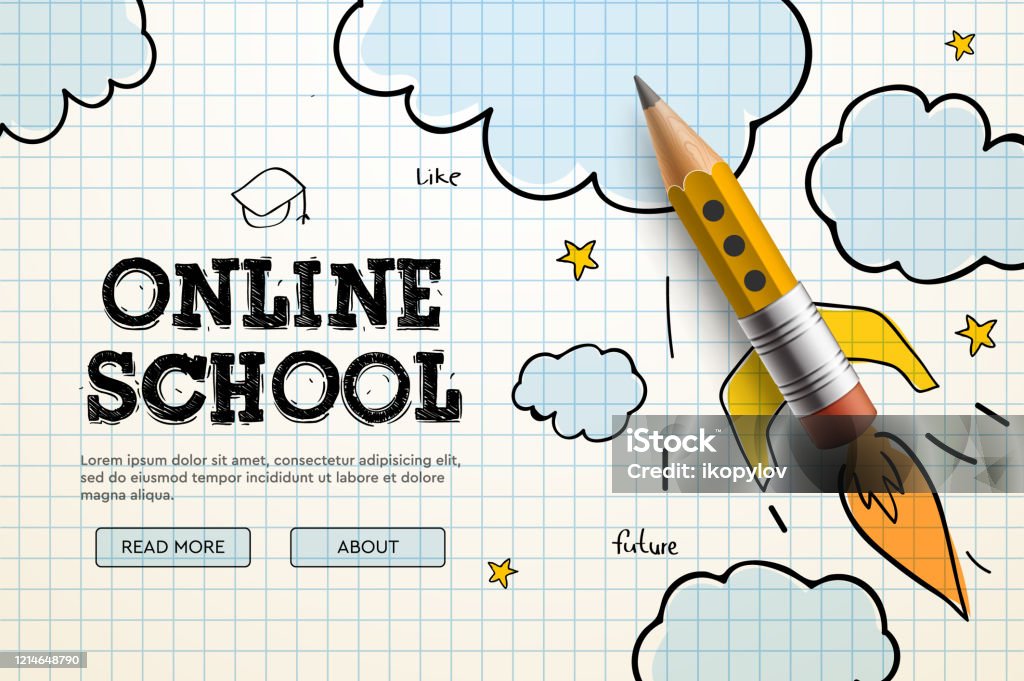 Online School. Digital internet tutorials and courses, online education, e-learning. Web banner template for website, landing page and mobile app development. Doodle style vector illustration Education stock vector Online School. Digital internet tutorials and courses, online education, e-learning. Web banner template for website, landing page and mobile app development. Doodle style vector illustration Education stock vector