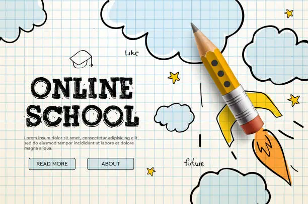 Vector illustration of Online School. Digital internet tutorials and courses, online education, e-learning. Web banner template for website, landing page and mobile app development. Doodle style vector illustration