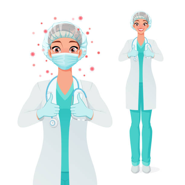 arzt in maske, handschuhen, mantel und peelings zeigt daumen nach oben. schutz vor coronavirus. vektor-illustration. - hair net stock-grafiken, -clipart, -cartoons und -symbole