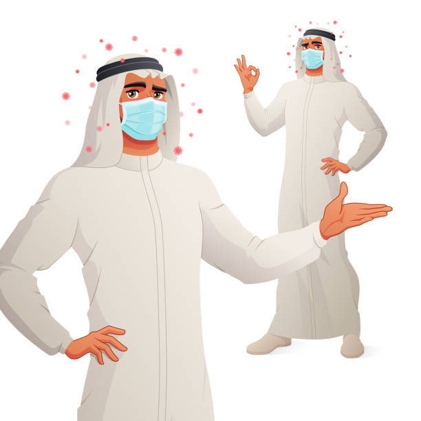 ilustrações, clipart, desenhos animados e ícones de homem árabe com máscara apresentando e mostrando ok sinal de mão. ilustração vetorial em tamanho real máscara de recorte. - kaffiyeh