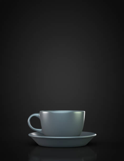 istock Black mug with saucer on a black background. With copy space. 1214649544
