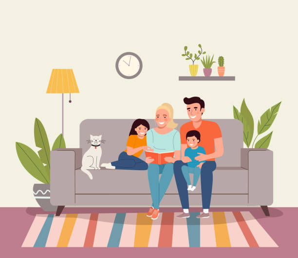 illustrazioni stock, clip art, cartoni animati e icone di tendenza di madre e padre con figli seduti sul divano e che leggono un libro. illustrazione vettoriale in stile piatto - people living room mother son