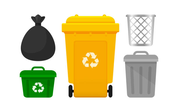 Bin Collection, Yellow Recycle Bin and Plastic Bags Waste isolated on white Background, Bins with Recycle Waste Symbol, Front view set of the Bins and Bag Plastic for Garbage waste, 3r Trash Bin Collection, Yellow Recycle Bin and Plastic Bags Waste isolated on white Background, Bins with Recycle Waste Symbol, Front view set of the Bins and Bag Plastic for Garbage waste, 3r Trash garbage bag stock illustrations