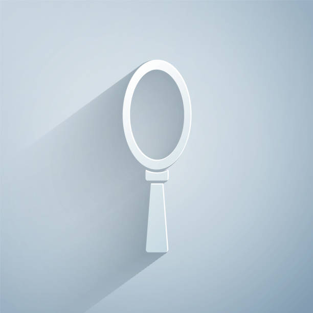 istock Paper cut Magic hand mirror icon isolated on grey background. Paper art style. Vector Illustration 1214653115
