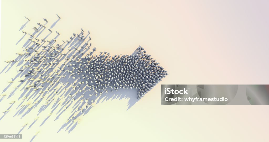 Leadership and successful business ideas concept 3d rendering of crowd 3d low polygon people arrow shape form walk together on white floor color tone image Change Stock Photo